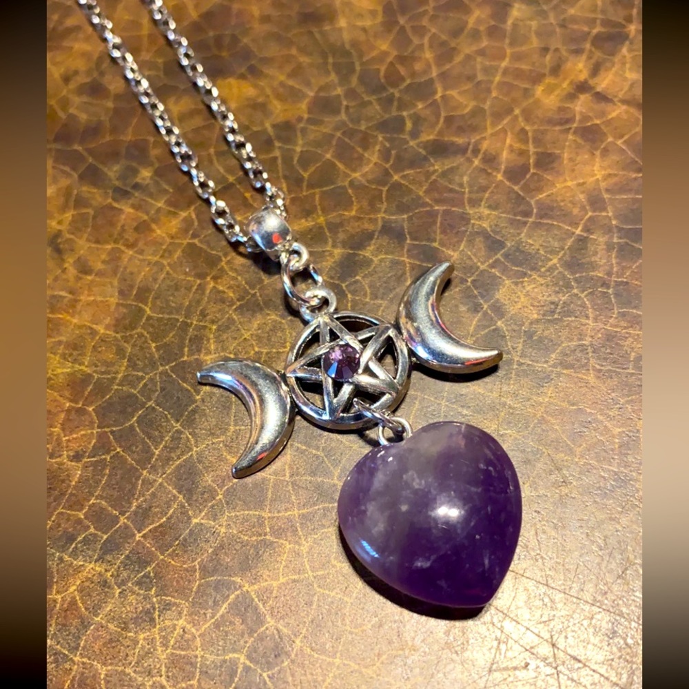 Purple amethyst heart Triple Moon Pentagram Pentacle Silver necklace jewelry New